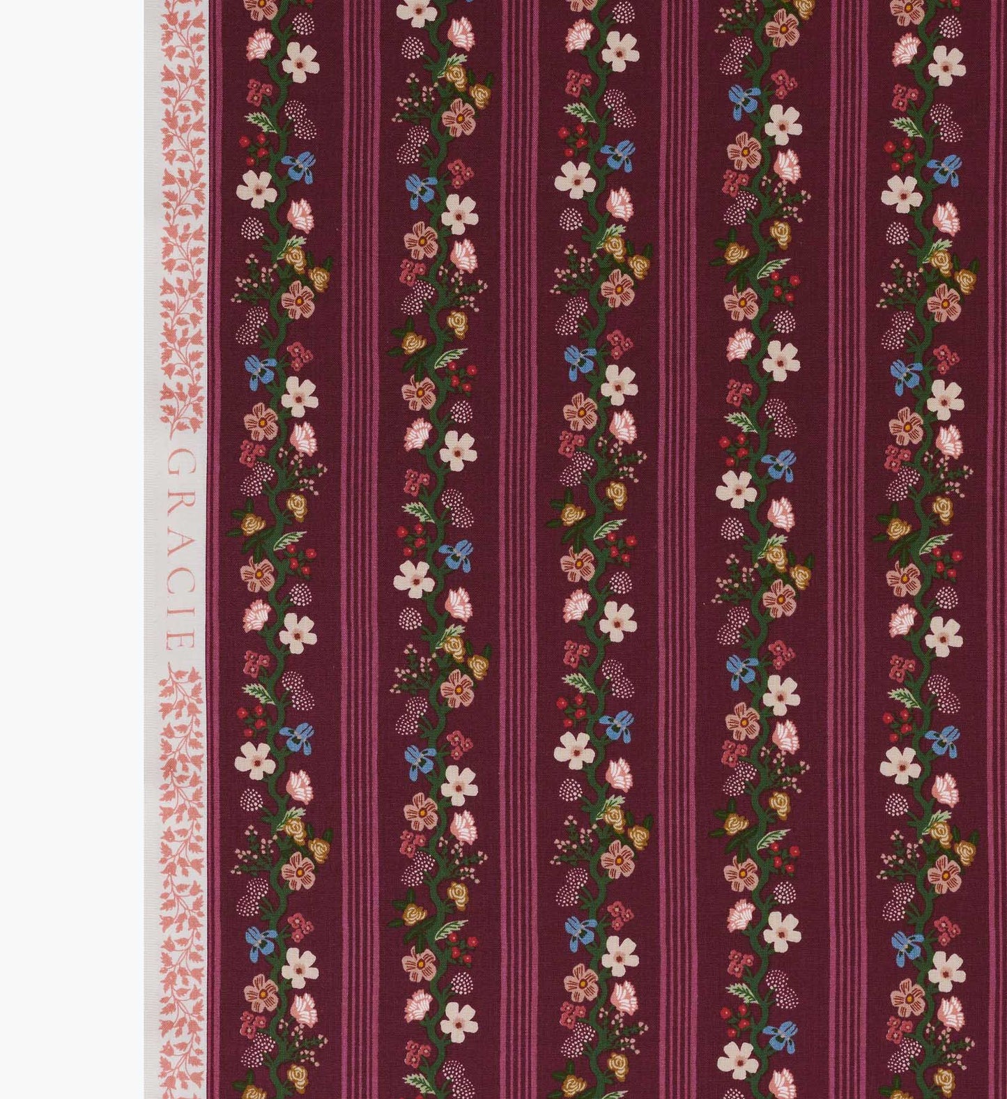 Floral Trellis Stripe Cotton Fabric - Burgundy