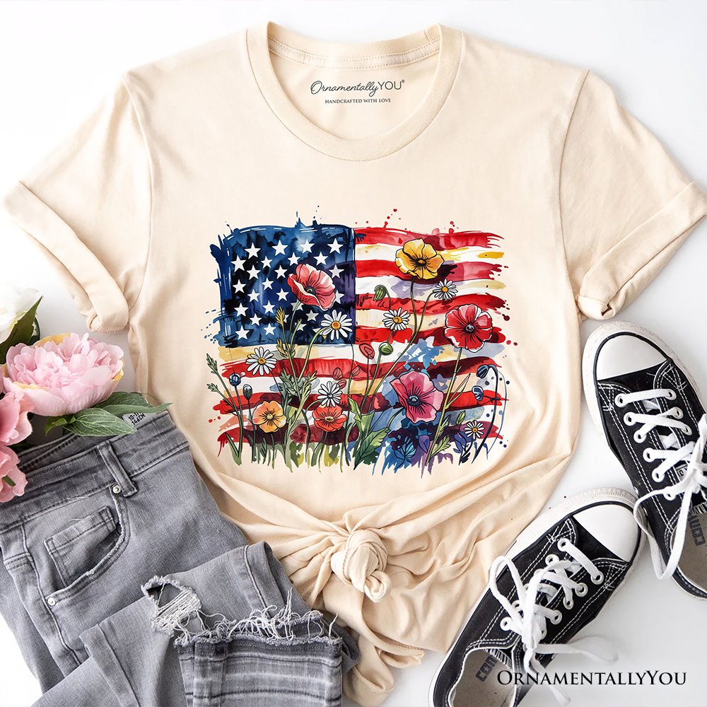 American Flag Floral Wildflower T-Shirt, Patriotic Boho USA 4th of July Tee