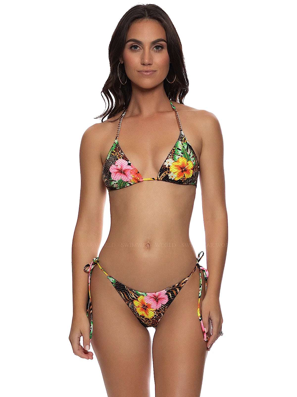Chain Triangle-Seamless Wavy Ruched Back Bikini