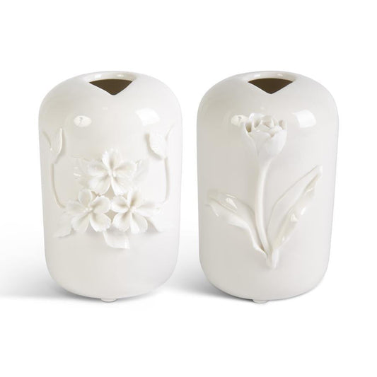 Tall White Ceramic Vase w/ Raised Flowers Set