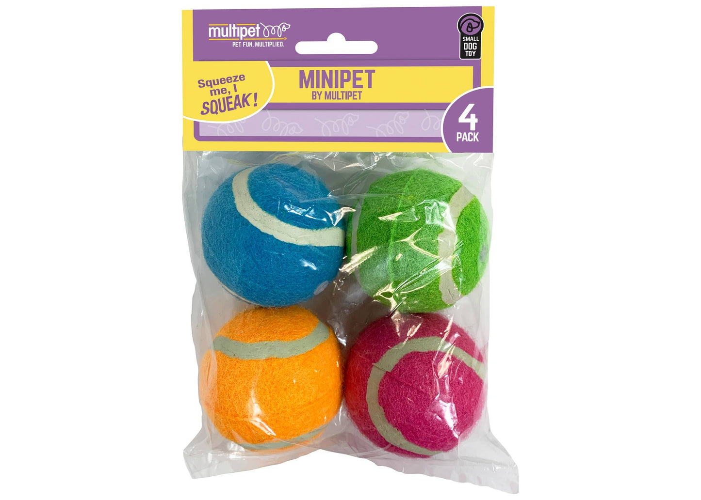 Multipet Minipet Squeaky Tennis Balls Dog Toy Asst. 4pk 2.5"
