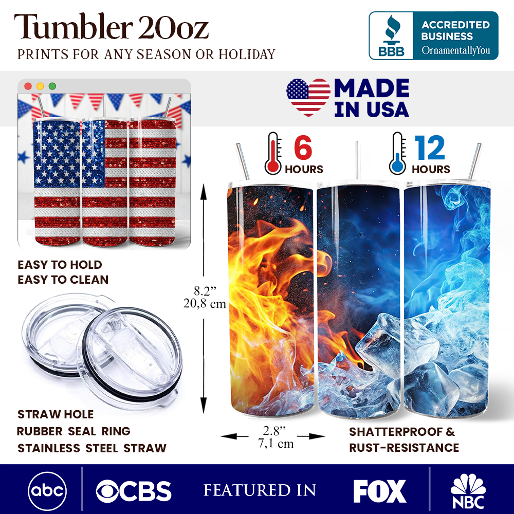 American Flag Sequin Print 20oz Personalized Tumbler With Lid and Stainless Steel Straw, Patriotic USA Stars and Stripes Gift Cup