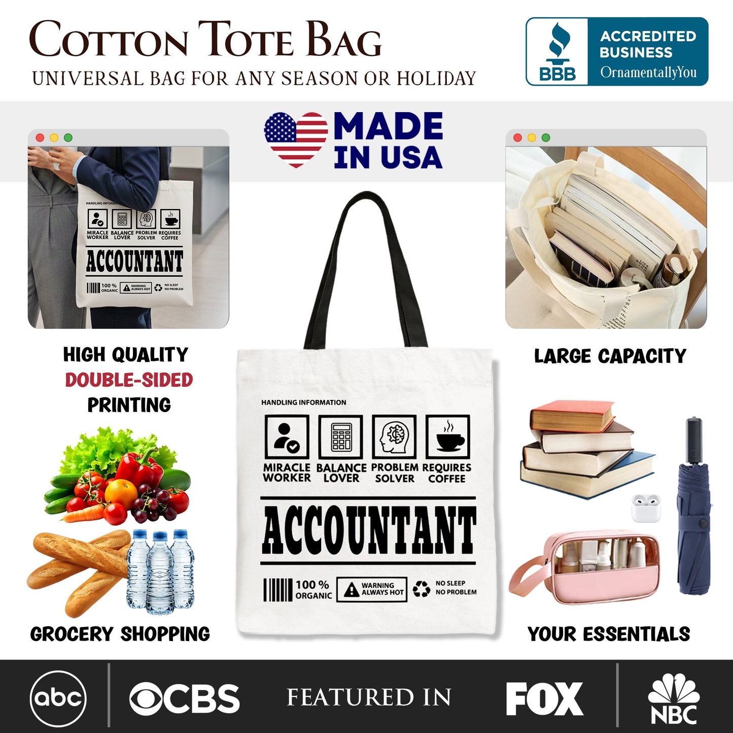 Accountant Nutrition Facts Tote Bag, Bookkeeper Humor Gift Shopper