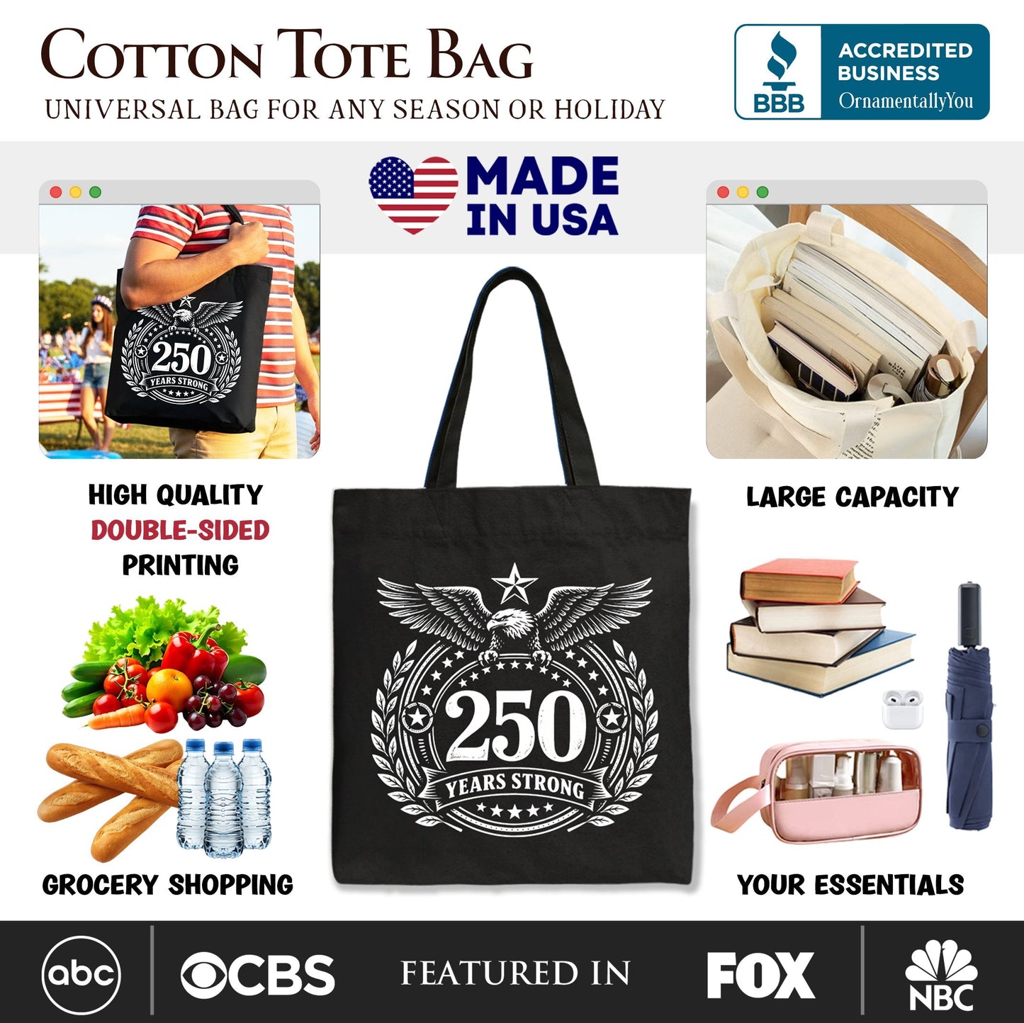 250th Anniversary Strong Eagle Tote Bag, 4th of July USA Patriotic 1776–2026 Gift Shopper