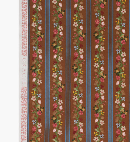 Floral Trellis Stripe Cotton Fabric - Clay