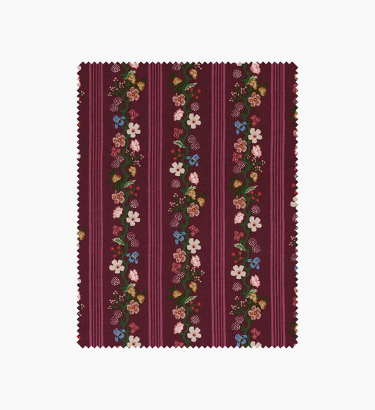 Floral Trellis Stripe Cotton Fabric - Burgundy
