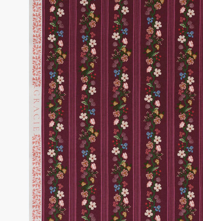 Floral Trellis Stripe Cotton Fabric - Burgundy