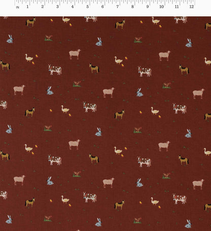 Farm Animals Cotton Fabric - Crimson