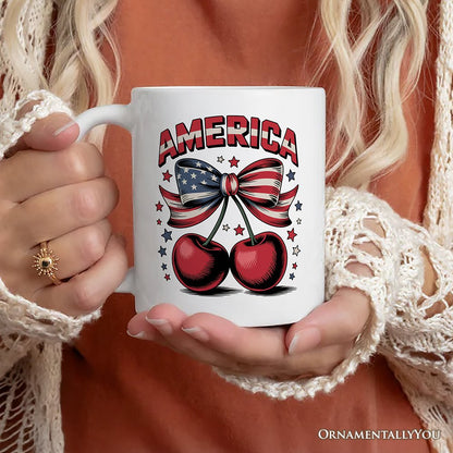 America Coquette Cherries Personalized Mug,  Patriotic 4th of July Gift with Custom Name