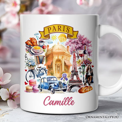 Artistic Paris Culture and Landmarks Personalized Mug, Classical France Gift and Souvenir with Custom Name