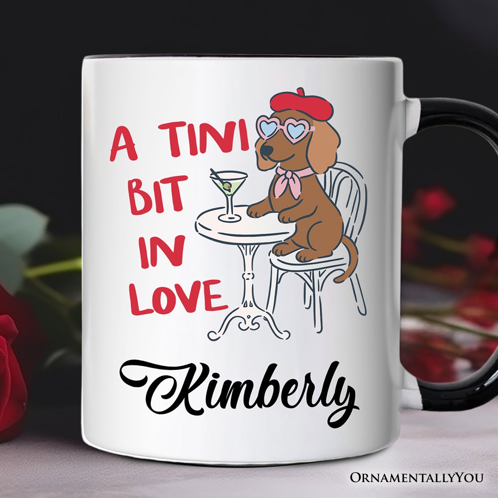 A Tini Bit In Love Dachshund Valentine Personalized Mug, Funny Galentine Gift with Custom Name