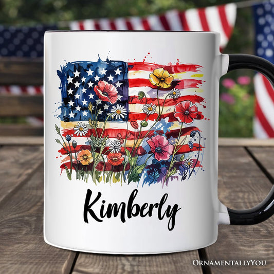 American Flag Floral Wildflower Personalized Mug, Patriotic Boho USA 4th of July Gift with Custom Name