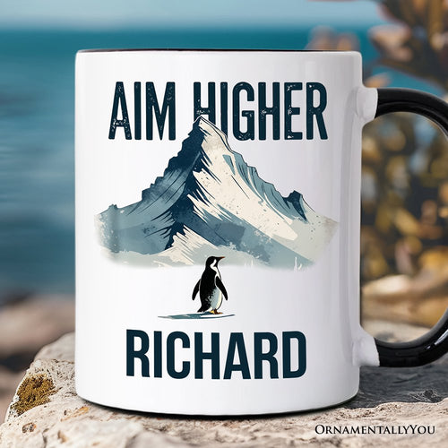 Aim Higher Penguin Personalized Mug, Vintage Mountain Motivational Quote Gift with Custom Name