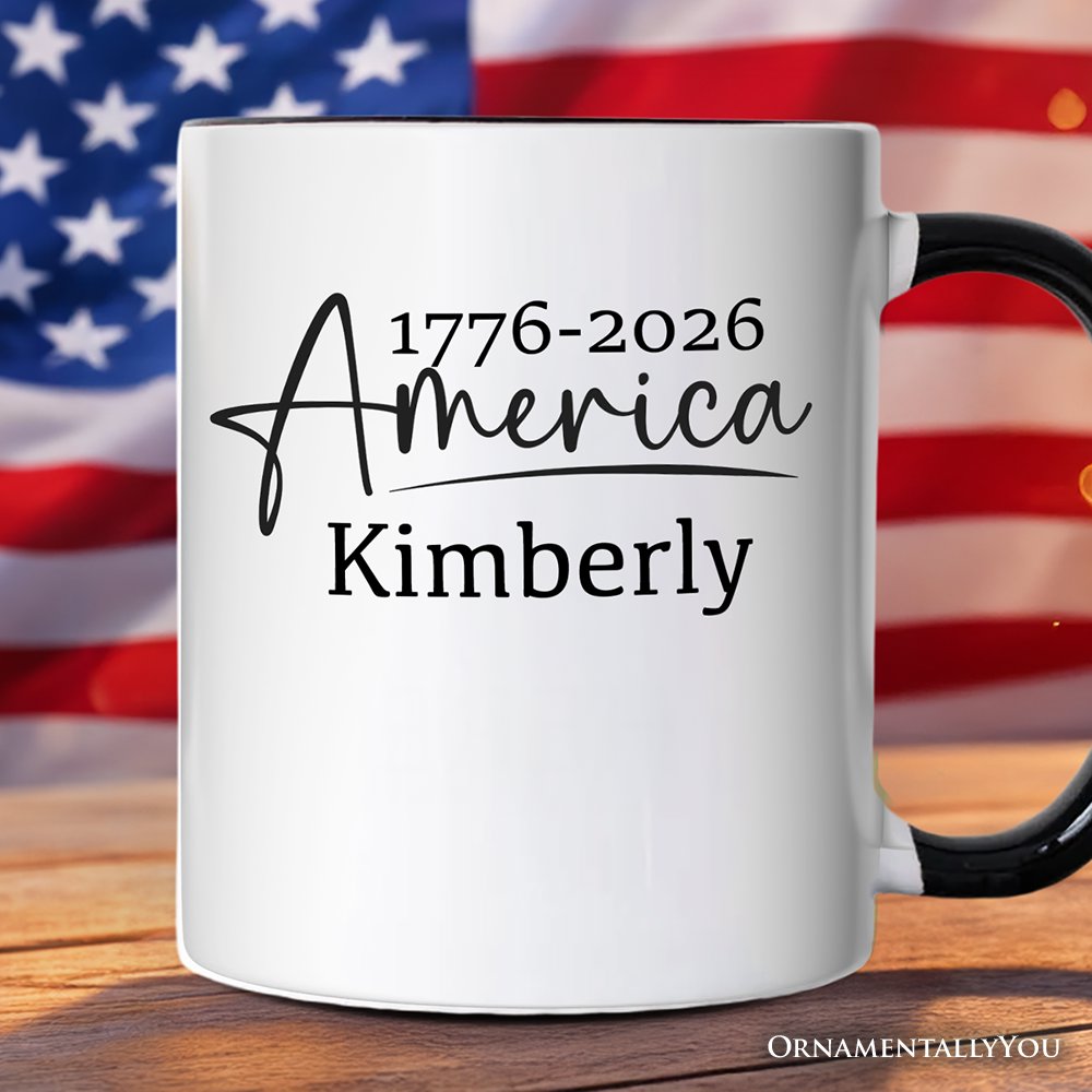 250 Years American Anniversary Personalized Mug, 4th of July Minimalistic Patriotic 1776–2026 Gift with Custom Name