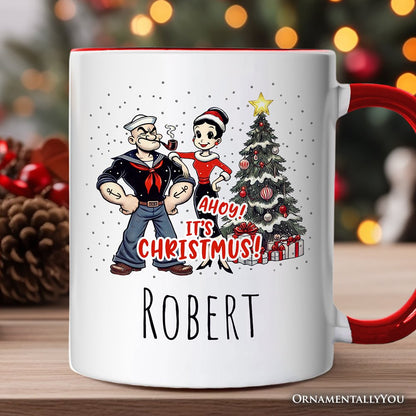 Ahoy! It's Christmus! Popeye and Olive Personalized Mug, Vintage Sailor Christmas Gift with Custom Name