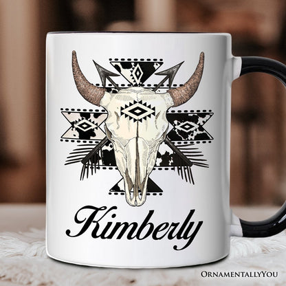 Aztec Tribal Bull Skull Personalized Mug, Western Boho Gift with Custom Name