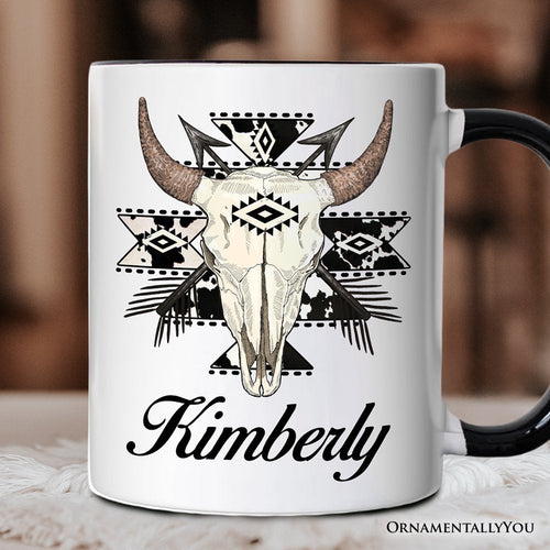Aztec Tribal Bull Skull Personalized Mug, Western Boho Gift with Custom Name