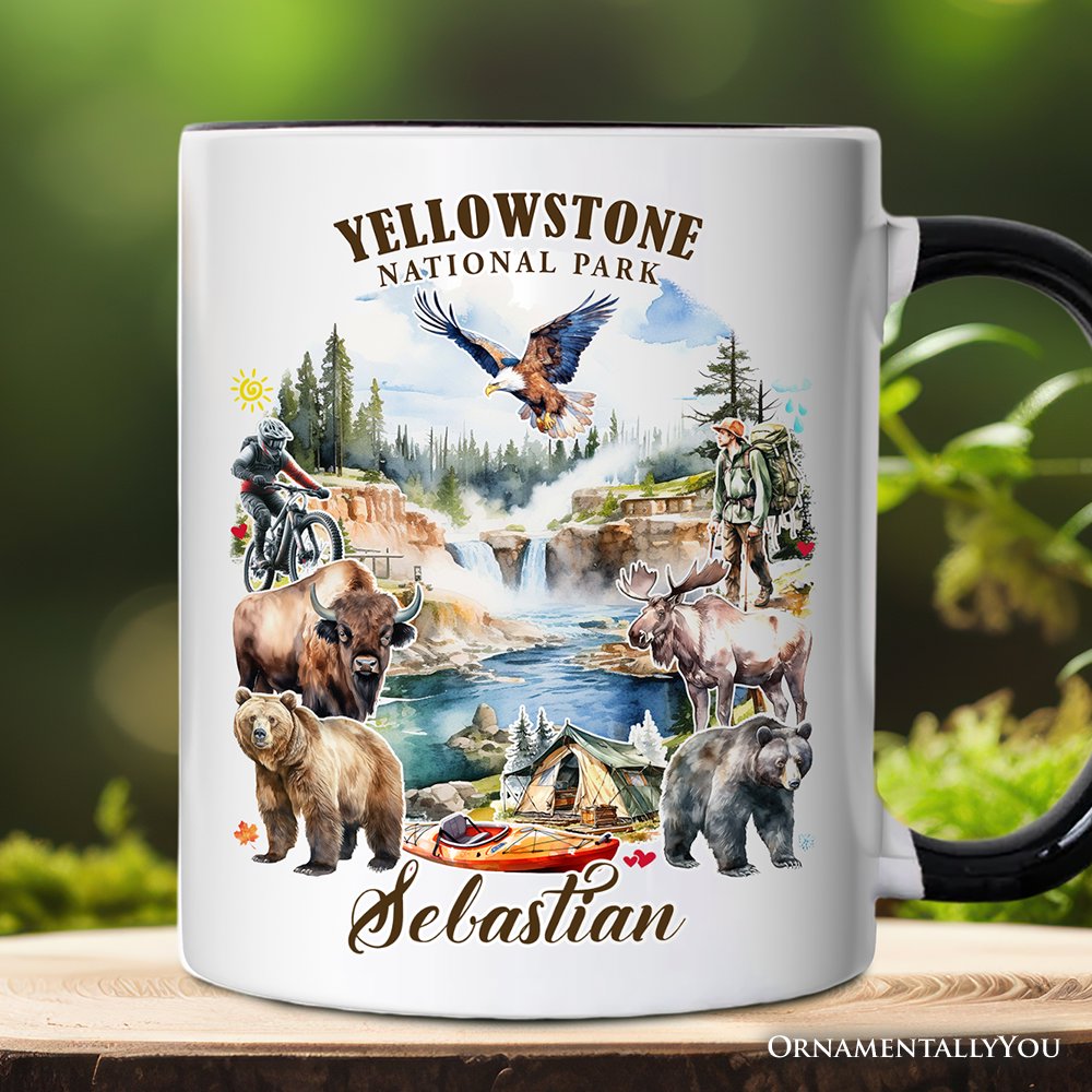 Artistically Vibrant Yellowstone National Park Personalized Mug, Wildlife and Nature Gift and Souvenir with Custom Name