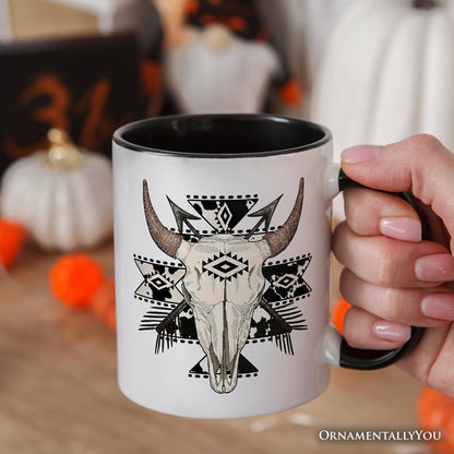 Aztec Tribal Bull Skull Personalized Mug, Western Boho Gift with Custom Name
