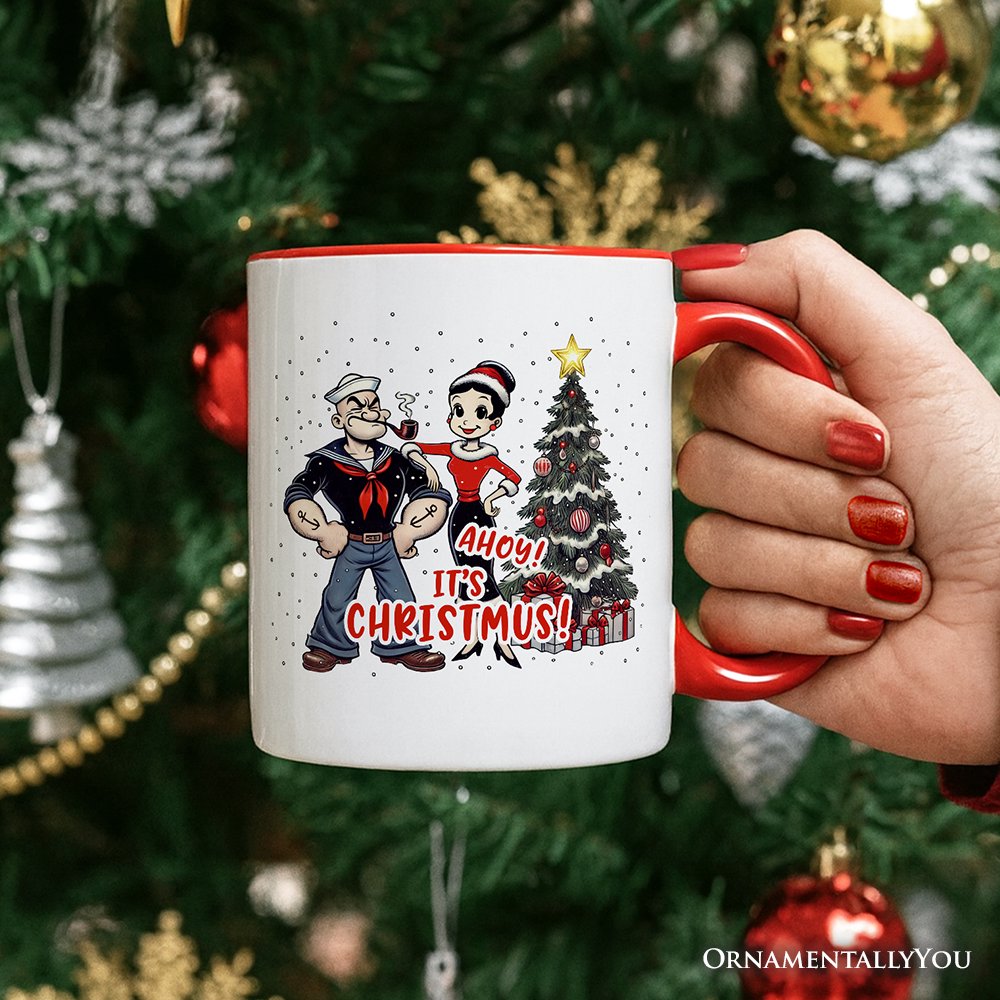 Ahoy! It's Christmus! Popeye and Olive Personalized Mug, Vintage Sailor Christmas Gift with Custom Name
