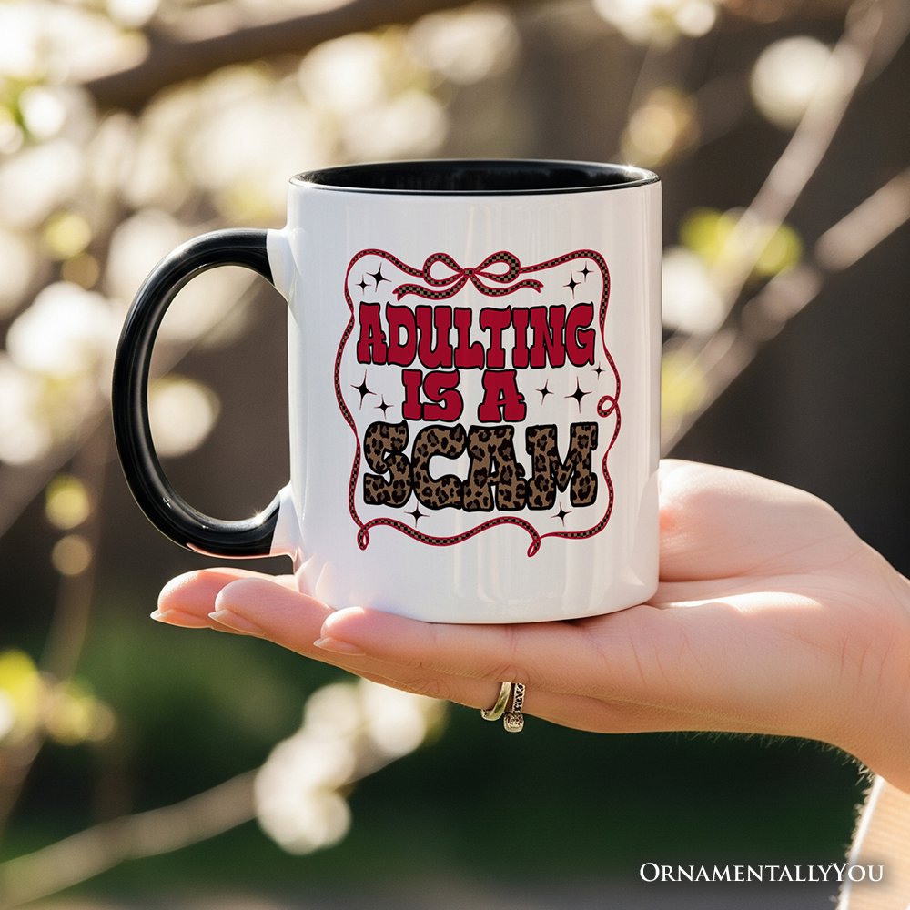Adulting Is a Scam Humor Personalized Mug, Leopard Retro Western Gift with Custom Name