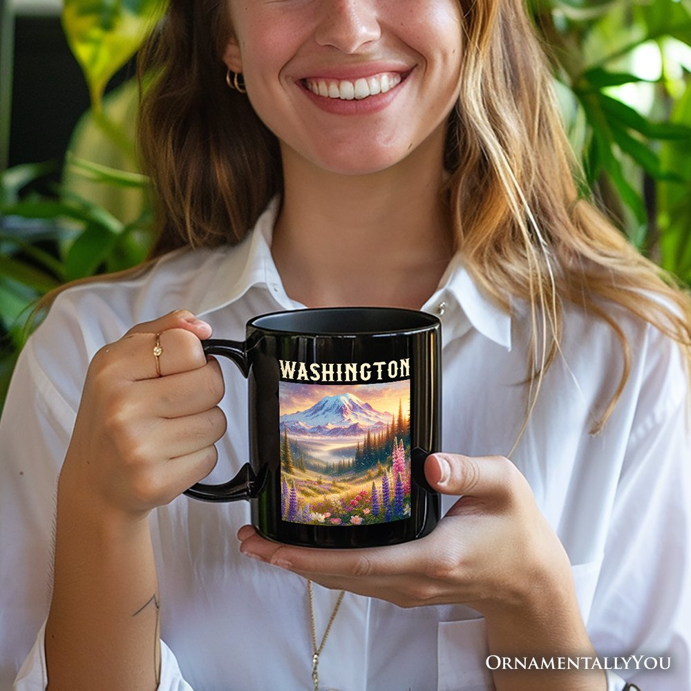 Artistic Mount Rainier Washington State Personalized Mug, National Park Gift and Pacific Northwest Souvenir with Custom Name