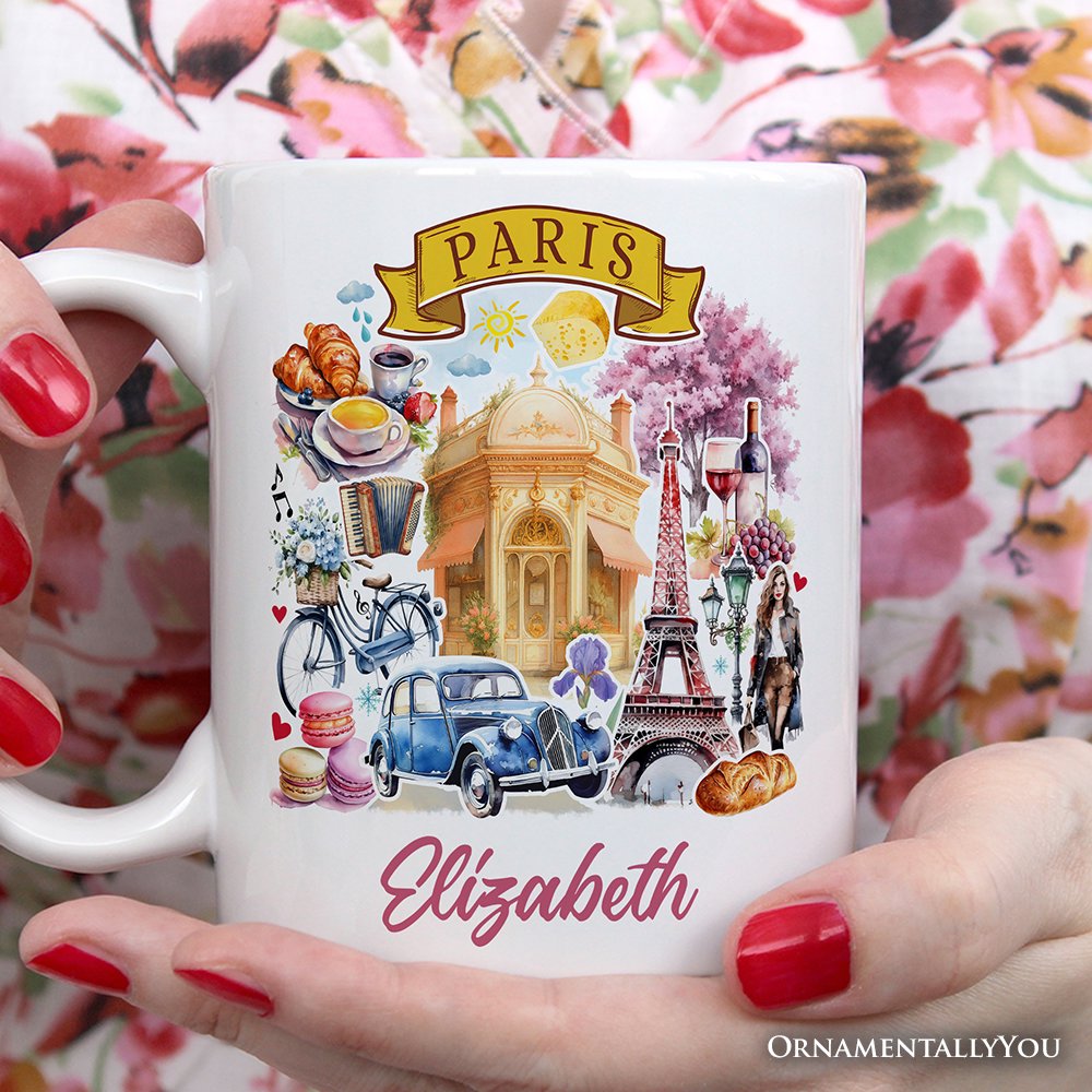 Artistic Paris Culture and Landmarks Personalized Mug, Classical France Gift and Souvenir with Custom Name