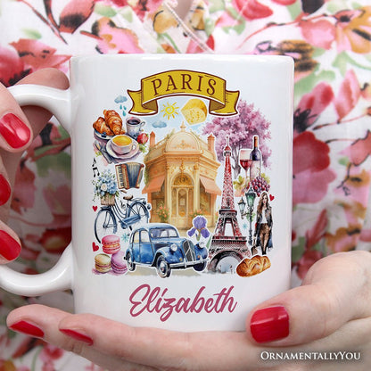 Artistic Paris Culture and Landmarks Personalized Mug, Classical France Gift and Souvenir with Custom Name