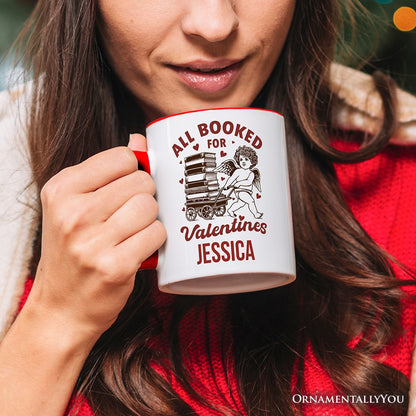 All Booked For Valentines Cupid Personalized Mug, Vintage Funny Bookworm Gift with Custom Name