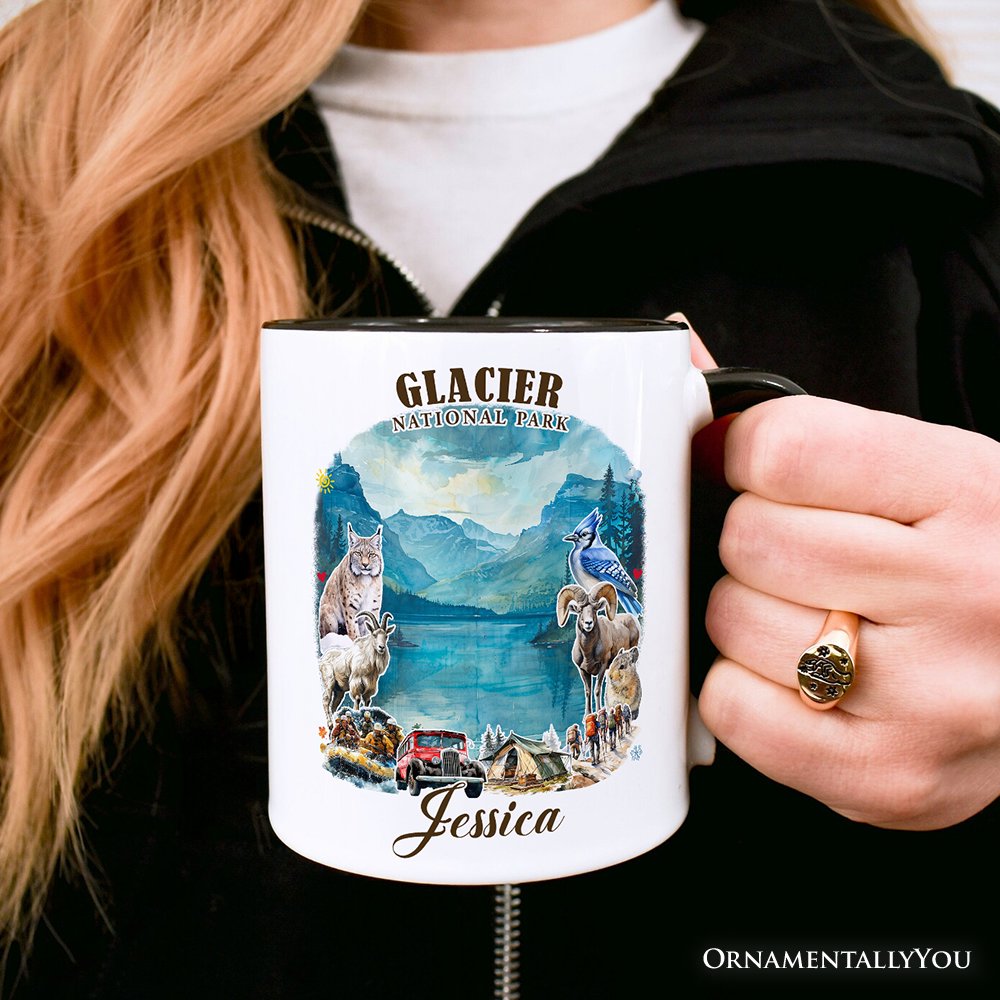 Artistic Glacier National Park Adventure Personalized Mug, Montana Travel Gift and Souvenir with Custom Name