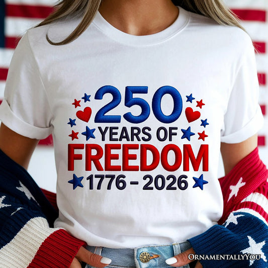 250 Years Freedom Faux Varsity Patch T-Shirt, 4th of July USA Patriotic 1776–2026 Tee