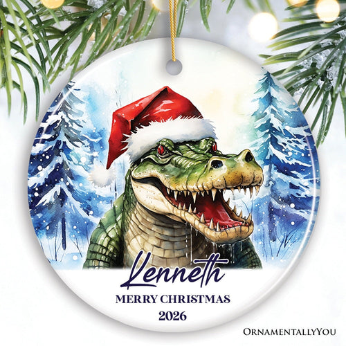 Alligator with Santa Hat Personalized Ornament, Winter Forest Christmas Gift With Custom Name and Date