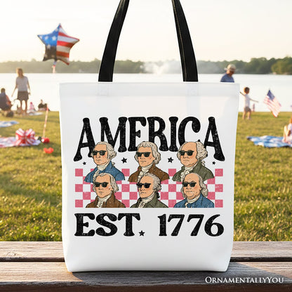 America Est 1776 Founding Fathers Vintage Canvas Tote Bag, Retro Patriotic Gift Shopper