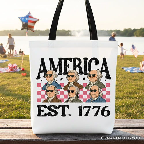 America Est 1776 Founding Fathers Vintage Canvas Tote Bag, Retro Patriotic Gift Shopper