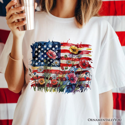 American Flag Floral Wildflower T-Shirt, Patriotic Boho USA 4th of July Tee
