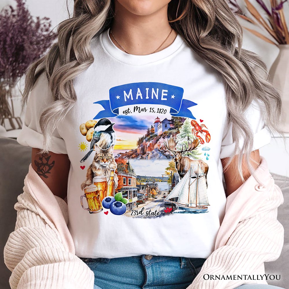 Artistic Maine State Themes and Landmarks T-Shirt, Tee for History and Travel Lovers