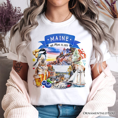 Artistic Maine State Themes and Landmarks T-Shirt, Tee for History and Travel Lovers