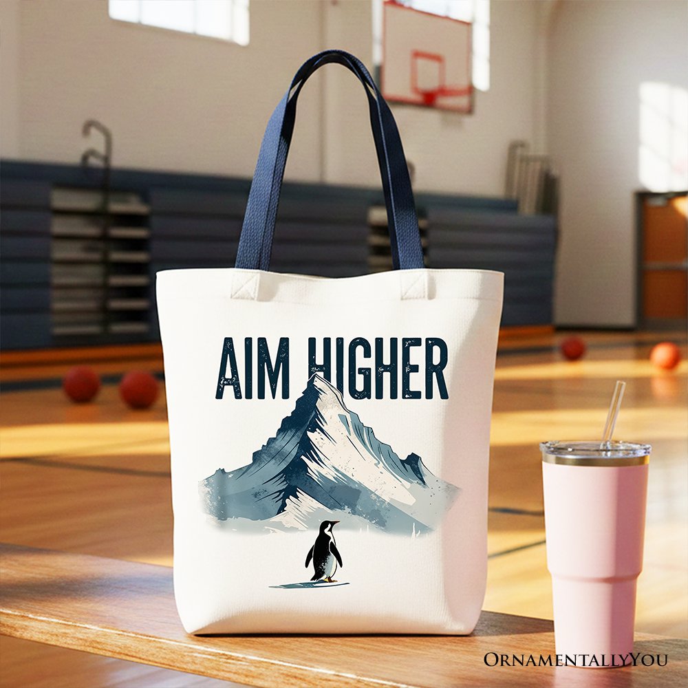 Aim Higher Penguin Tote Bag, Vintage Mountain Motivational Quote Gift Shopper