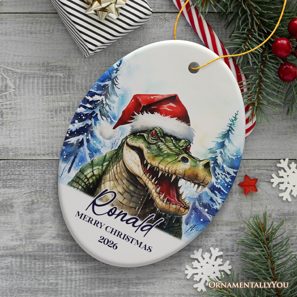 Alligator with Santa Hat Personalized Ornament, Winter Forest Christmas Gift With Custom Name and Date