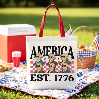 America Est 1776 Founding Fathers Vintage Canvas Tote Bag, Retro Patriotic Gift Shopper