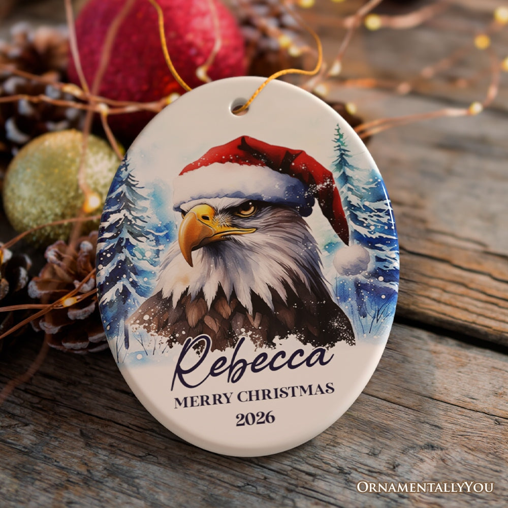 American Bald Eagle with Santa Hat Personalized Ornament, Winter Forest Christmas Gift With Custom Name and Date