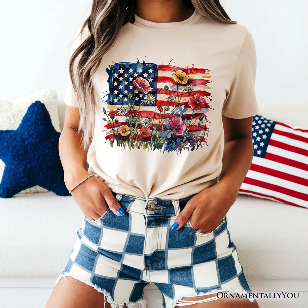 American Flag Floral Wildflower T-Shirt, Patriotic Boho USA 4th of July Tee