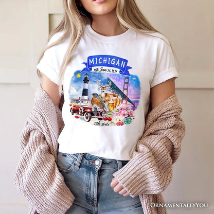 Artistic Michigan State Themes and Landmarks T-Shirt, Tee for History and Travel Lovers