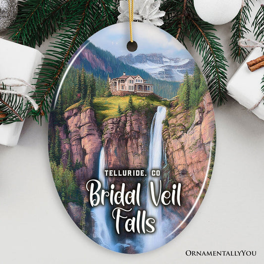 Artistic Telluride Mountain Town Ornament, Colorado Waterfall Landmark and Nature Adventure Christmas Gift and Tree Decor