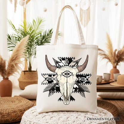 Aztec Tribal Bull Skull Canvas Tote Bag, Western Boho Gift Shopper