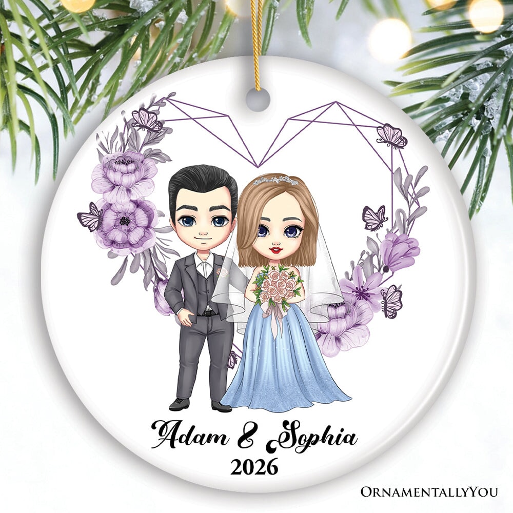 Adorable Customized Married Couple Gift Christmas Ornament, Cartoon Bride and Groom