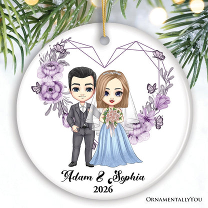 Adorable Customized Married Couple Gift Christmas Ornament, Cartoon Bride and Groom