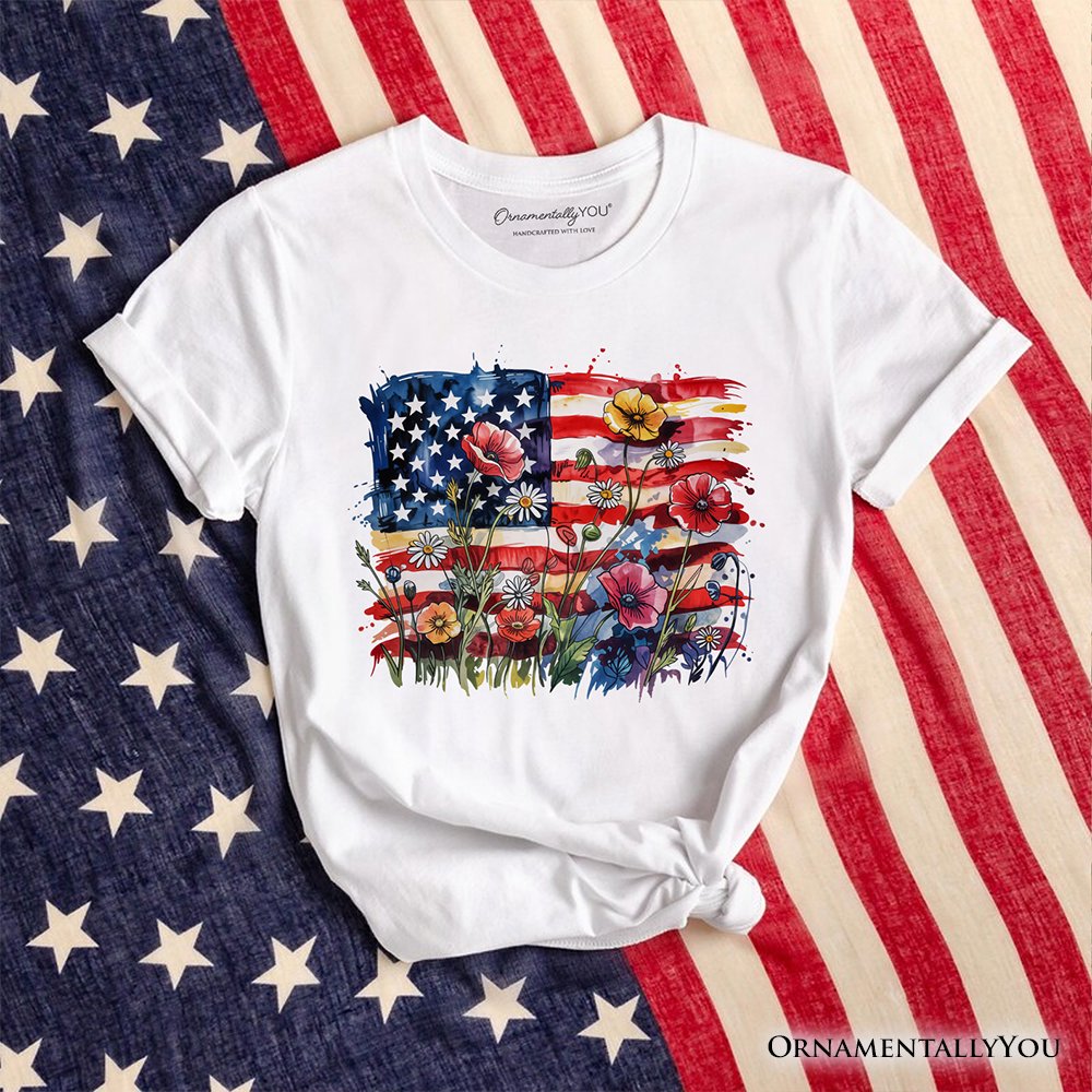American Flag Floral Wildflower T-Shirt, Patriotic Boho USA 4th of July Tee
