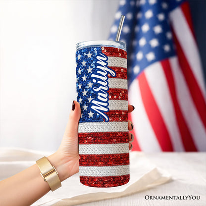 American Flag Sequin Print 20oz Personalized Tumbler With Lid and Stainless Steel Straw, Patriotic USA Stars and Stripes Gift Cup