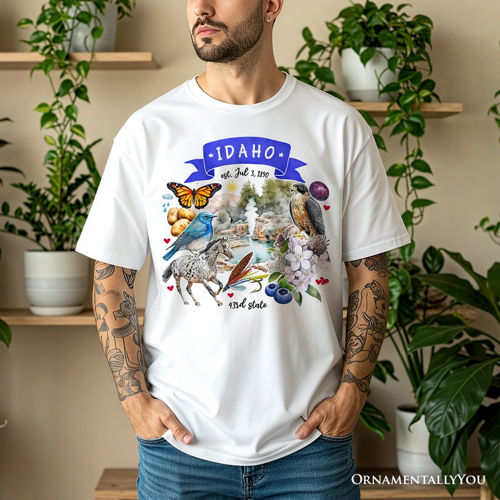 Artistic Idaho State Themes and Landmarks T-Shirt, Tee for History and Travel Lovers
